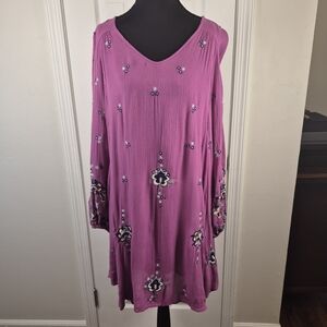 Free People Oxford Embroidered V-Neck Mini Dress XS – Boho Flowy Resort Style
